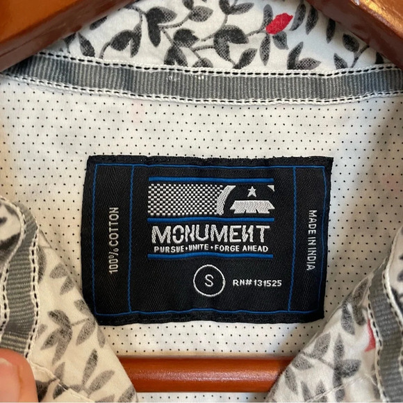 MONUMENT Men’s Cotton Button Down Short Sleeve Grey Red Leaf Small - Picture 4 of 14